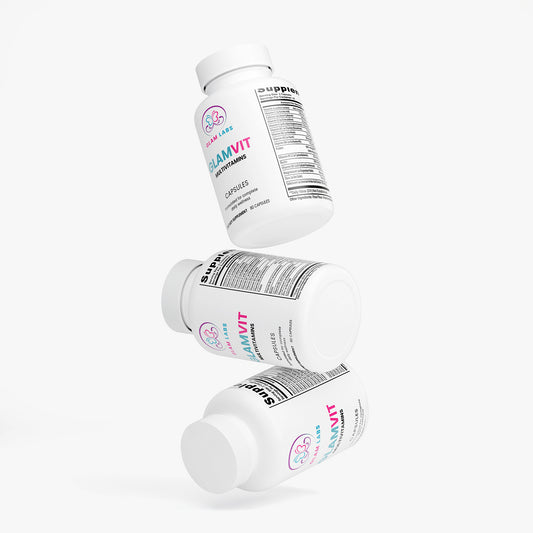 GlamLabs multivitamin supplements bottles stacked on white background for daily health support