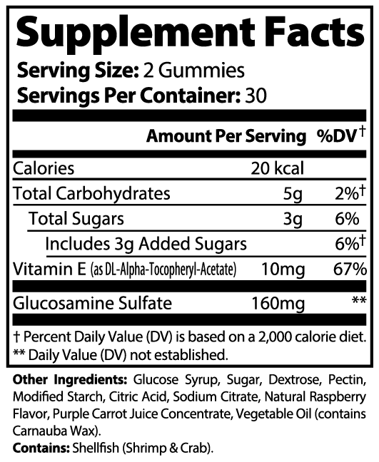Supplement facts label for GlamLabs Gummies for Healthy Joints with supplements for joint pain relief and mobility