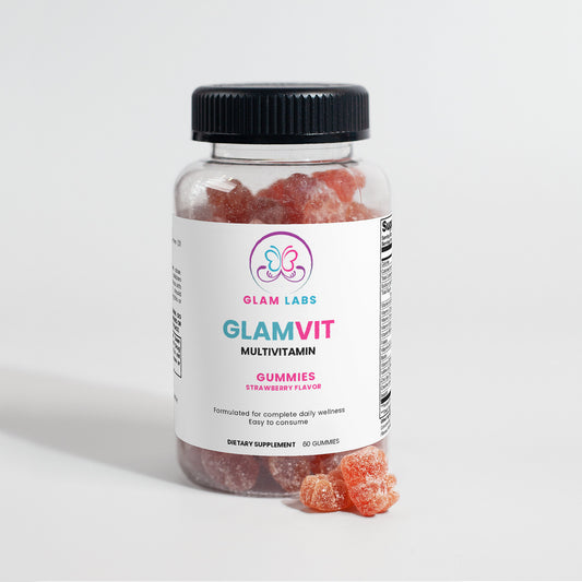 GlamLabs Multi vitamin gummies in a clear bottle with strawberry flavor multi vitamin supplements