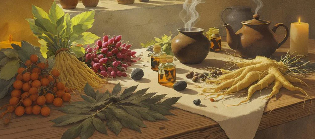 Display of the best herbs for men over 40 including ginseng, leaves, roots, and herbal teas on a wooden table