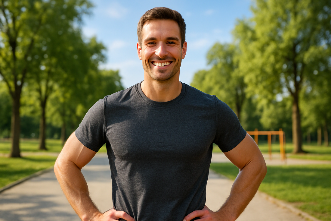 Smiling fit man in dark t shirt standing in park with hands on hips representing Horny Goat Weed Benefits for Men!