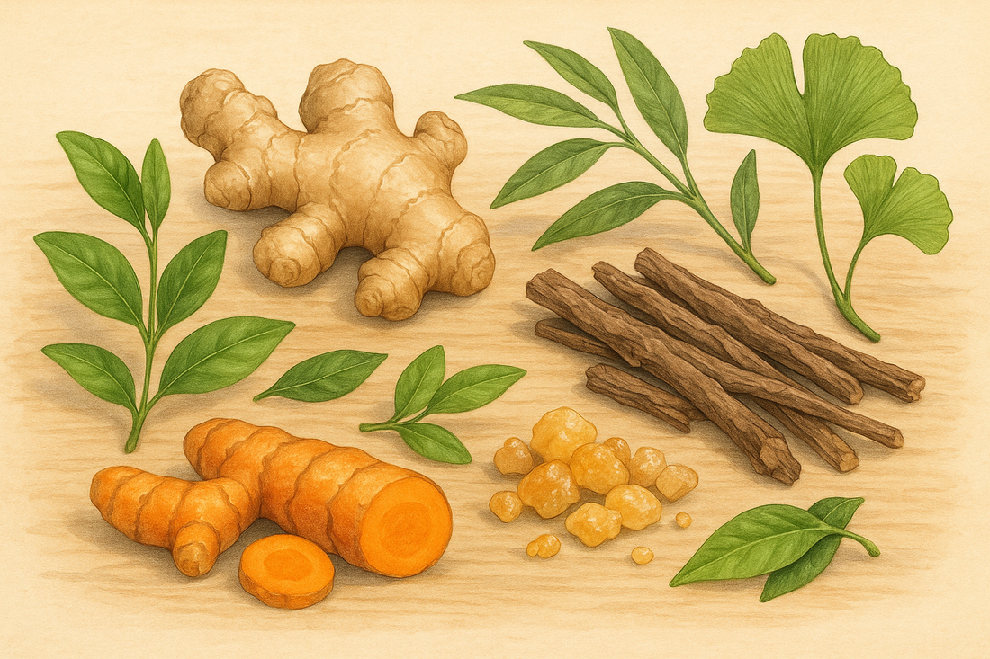 Ginger turmeric ginkgo licorice and frankincense arranged on wood illustrating best herbs for joint health after 40