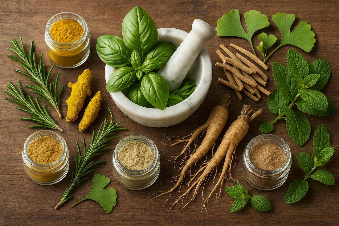 Top 10 Powerful Herbs for Men and Women displayed with mortar and pestle basil ginseng turmeric powders and fresh herbs