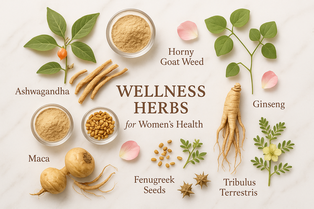 Wellness herbs flat lay for womens health showing ashwagandha maca ginseng and fenugreek labeled herbs to boost female libido