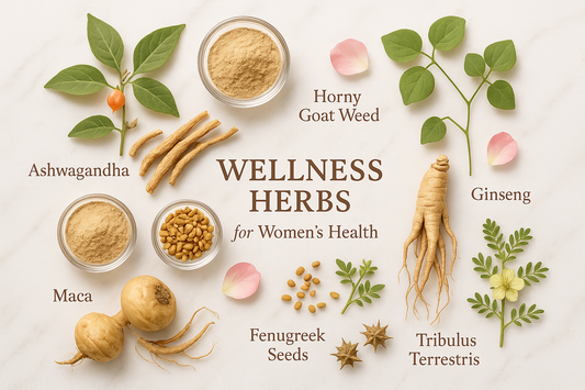 Wellness herbs flat lay for womens health showing ashwagandha maca ginseng and fenugreek labeled herbs to boost female libido