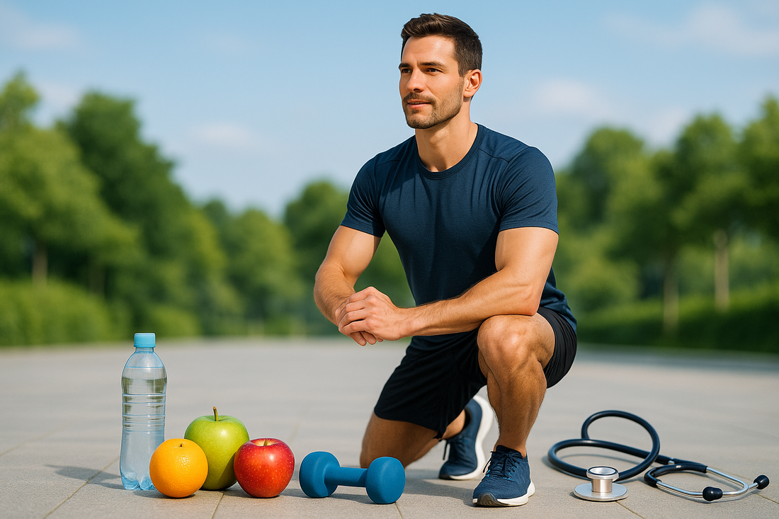 Top 7 Natural Ways to Support Prostate Health and Stamina in Men. Man kneeling outdoors with fruit water dumbbell and stethoscope