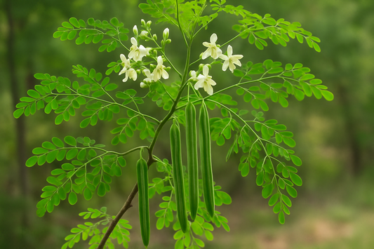 Close up of moringa branch with white flowers seed pods and leaves highlighting moringa benefits for arthritis