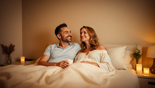 Happy man in bedroom with wife romantic
