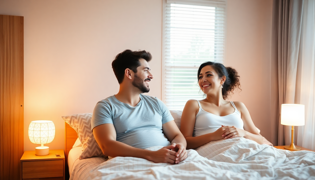 happy men and women in bedroom