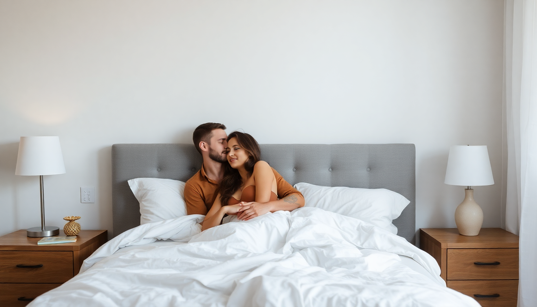 Couple relaxing in bed showing comfort and well-being with natural supplements for prostate support