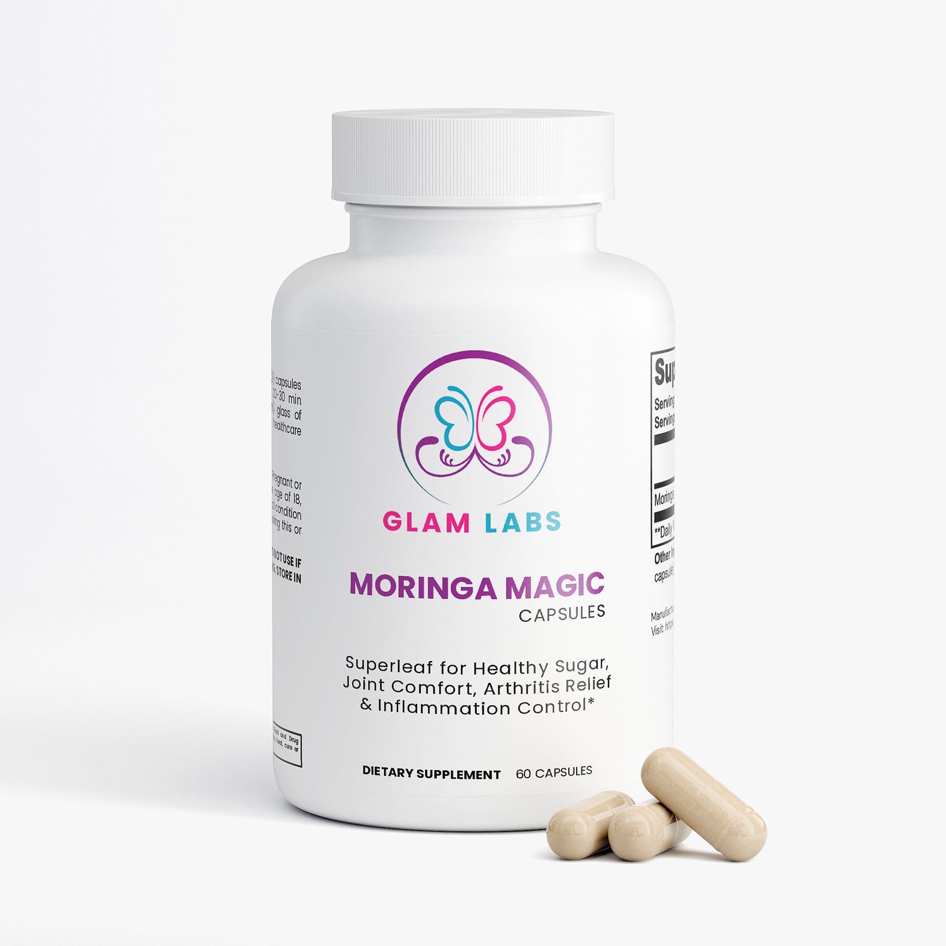 GlamLabs Moringa Magic capsules bottle with Moringa capsules for Healthy Sugar Levels Joint Comfort Arthritis Relief and Inflammation Control