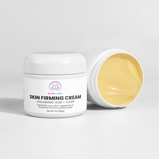 Glam Labs skin firming cream with hyaluronic acid and CoQ10 best cream to tighten skin in white jar