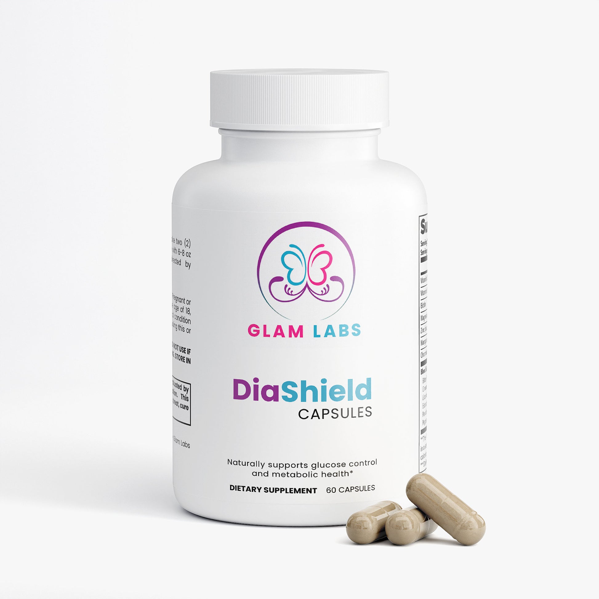 DiaShield Herbal Supplements for Diabetes and Better Metabolism white bottle with capsules