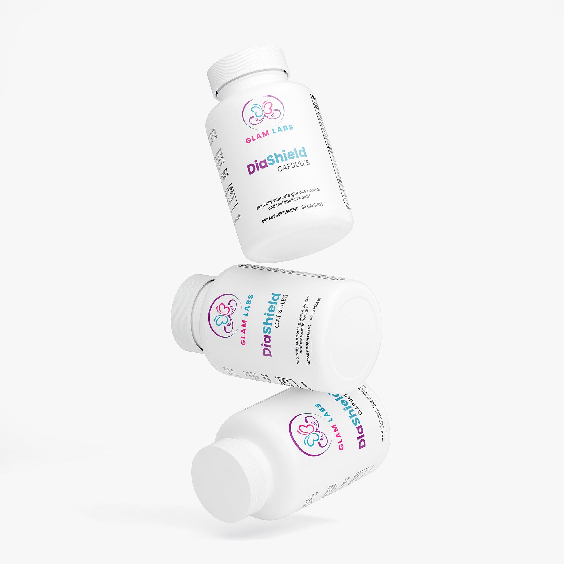 DiaShield Herbal Supplements for Diabetes and Better Metabolism three white bottles with pink and blue label