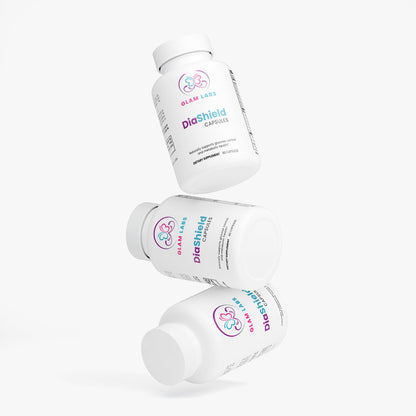 DiaShield Herbal Supplements for Diabetes and Better Metabolism three white bottles with pink and blue label