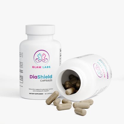 DiaShield Herbal Supplements for Diabetes & Better Metabolism with capsules spilling from white bottles