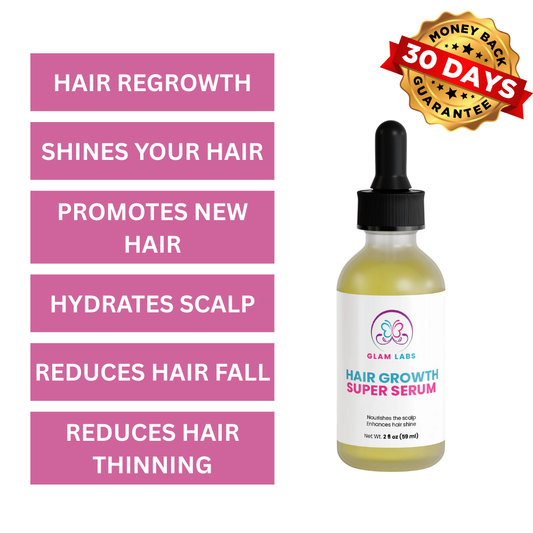 Glam Labs Hair Growth Super Serum bottle with dropper beside benefits list and 30 day money back badge