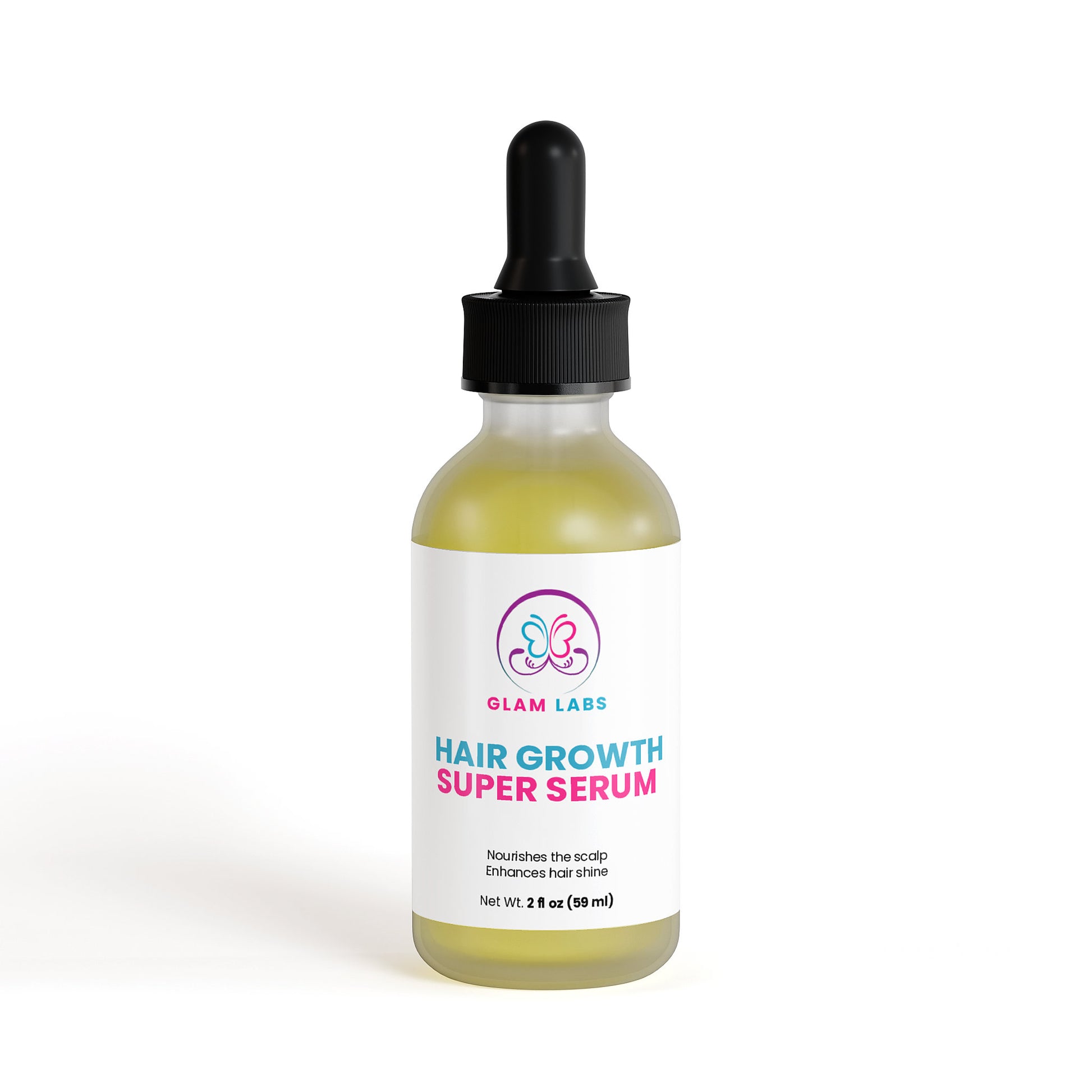 Glam Labs Hair Growth Super Serum dropper bottle with yellow serum and white label showing logo and product name