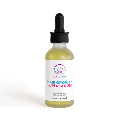 Glam Labs Hair Growth Super Serum dropper bottle with yellow serum and white label showing logo and product name