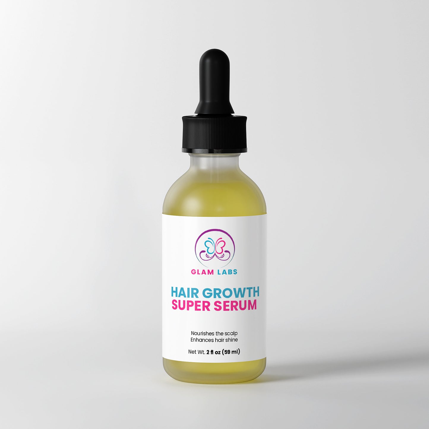 Glam Labs Hair Growth Super Serum dropper bottle with yellow oil and white label for scalp nourishment