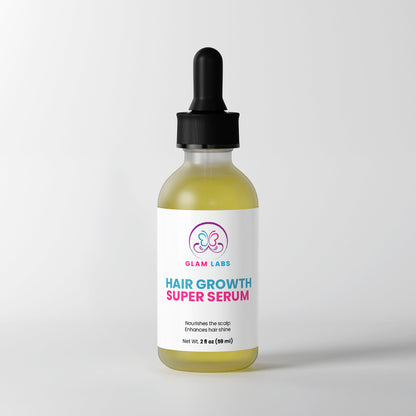 Glam Labs Hair Growth Super Serum dropper bottle with yellow oil and white label for scalp nourishment