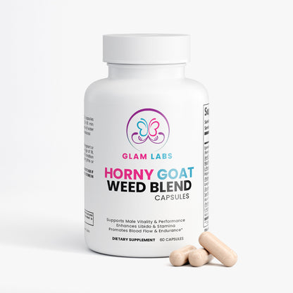 Glam Labs horny goat weed capsules dietary supplement bottle with three beige capsules