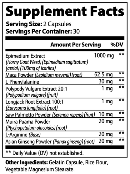 Supplement facts label for Glam Labs horny goat weed capsules with natural extracts and herbs