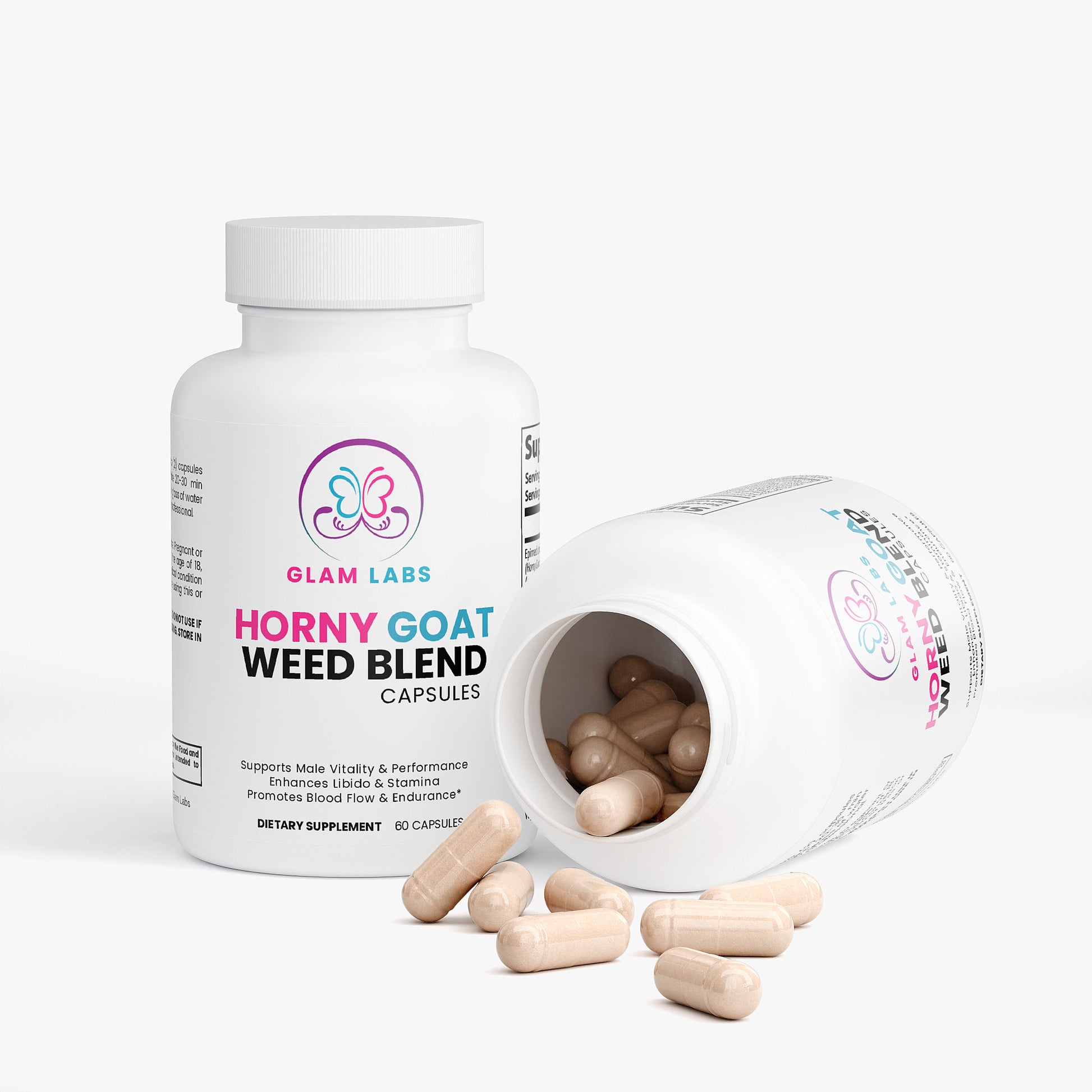 Glam Labs horny goat weed capsules natural extract dietary supplement bottles with capsules