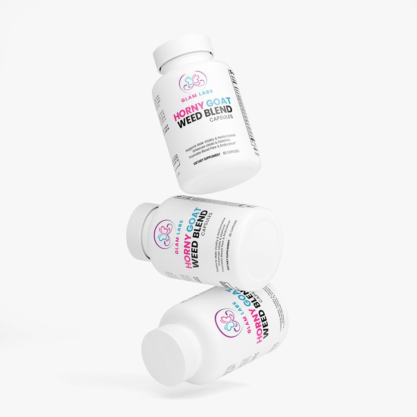 Glam Labs horny goat weed capsules natural extracts supplement bottles with white labels