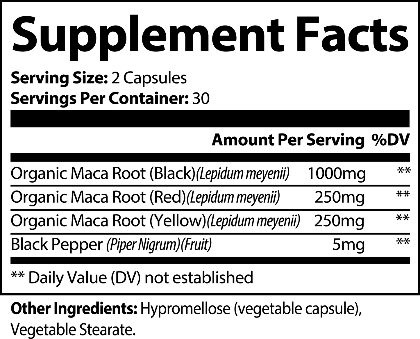 Supplement facts label for Max Vigor - Triple Maca Blend for Men's Power Stamina and Libido Support showing organic maca root in black red yellow and black pepper