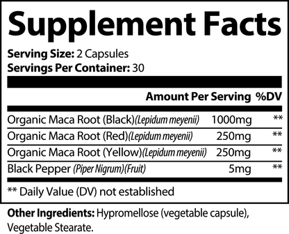 Supplement facts label for Max Vigor - Triple Maca Blend for Men's Power Stamina and Libido Support showing organic maca root in black red yellow and black pepper