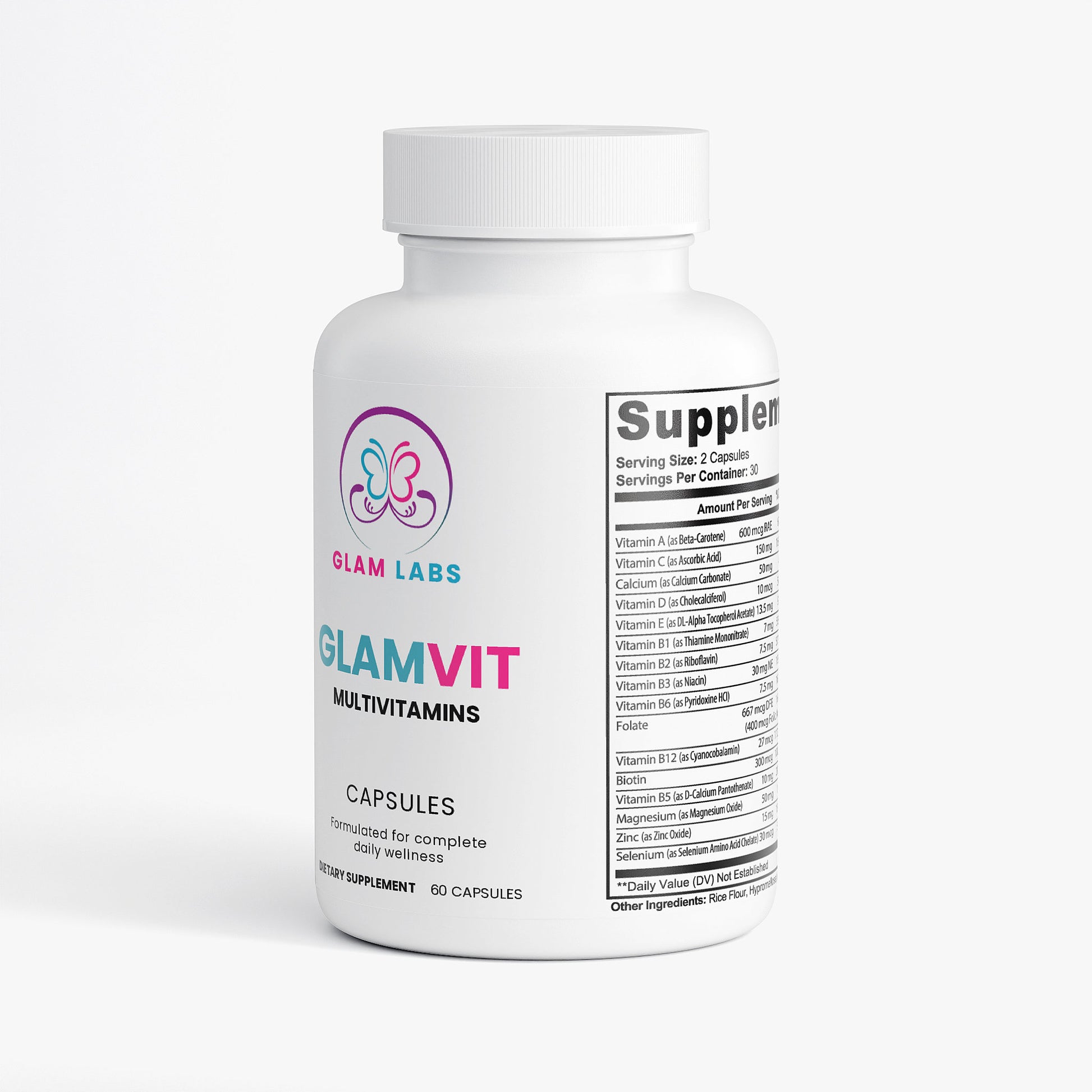 GlamLabs GlamVit multivitamin supplements bottle with 60 capsules for daily wellness