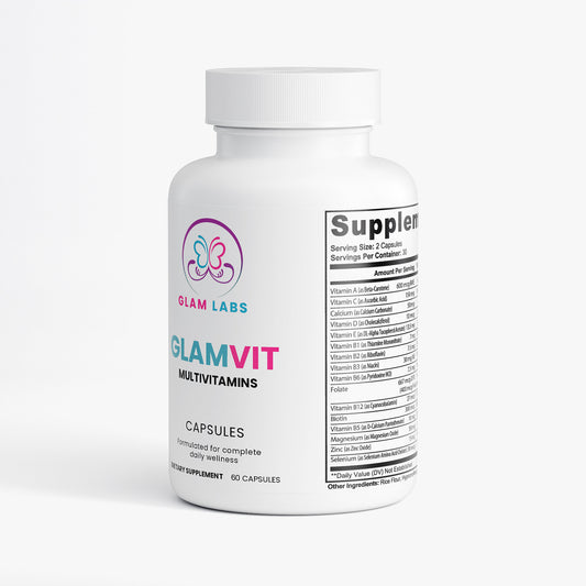 GlamLabs GlamVit multivitamin supplements bottle with 60 capsules for daily wellness