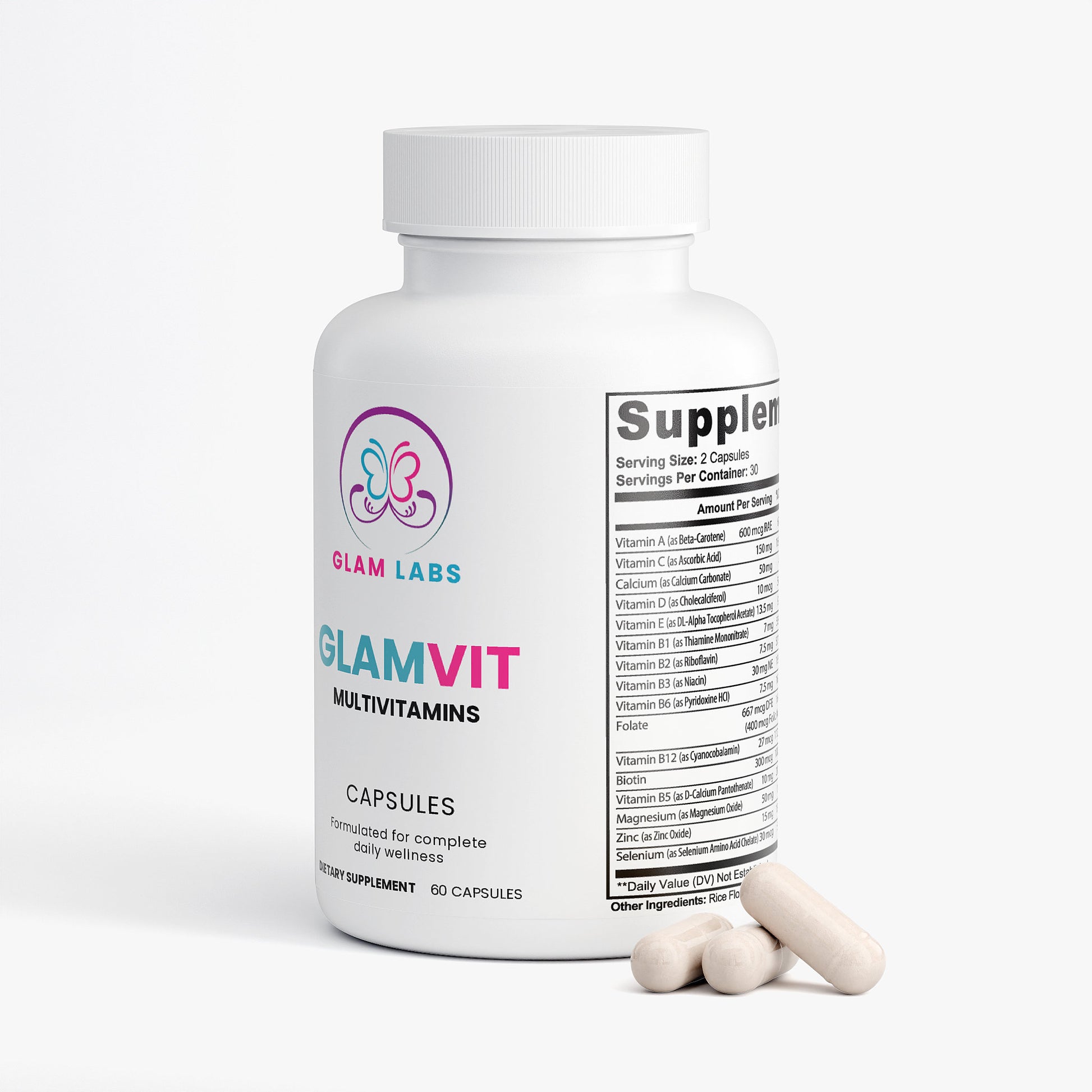 GlamLabs GlamVit Multivitamin Supplements bottle with capsules for daily wellness