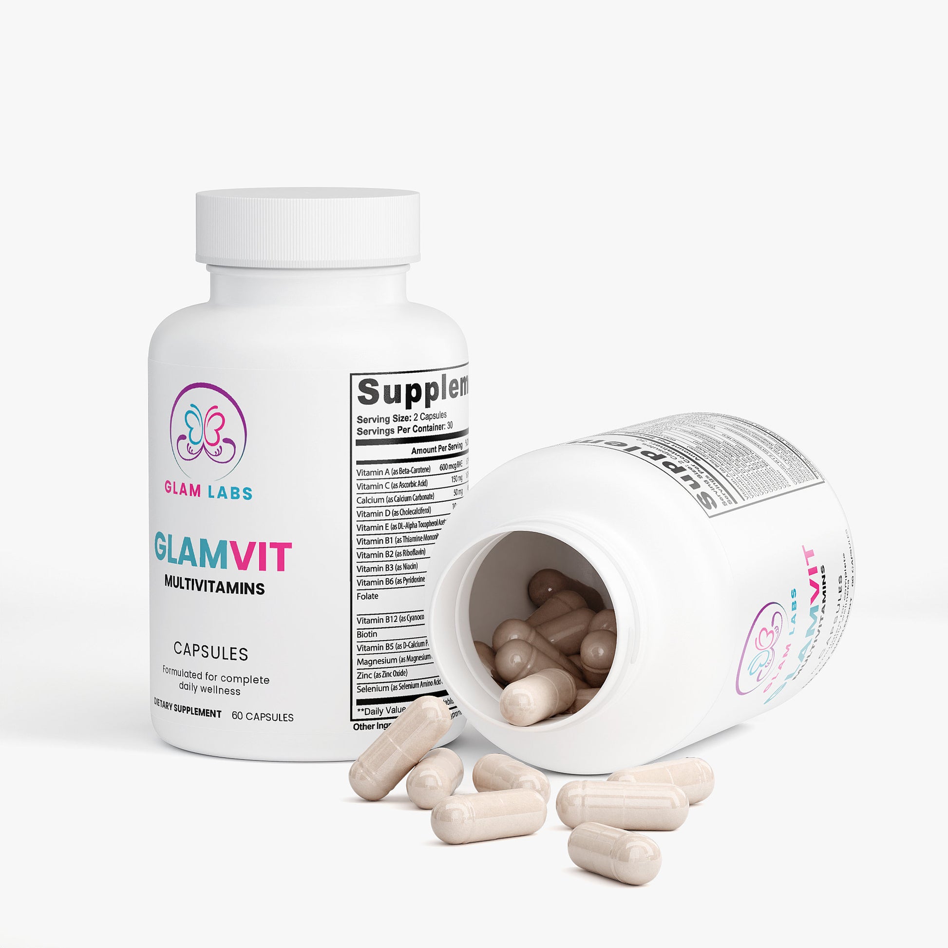 GlamLabs GLAMVIT multivitamins capsules bottle with spilled capsules showing multivitamin supplements