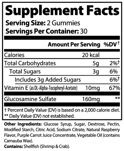 Supplement facts label for GlamLabs Gummies for Healthy Joints with supplements for joint pain relief and mobility
