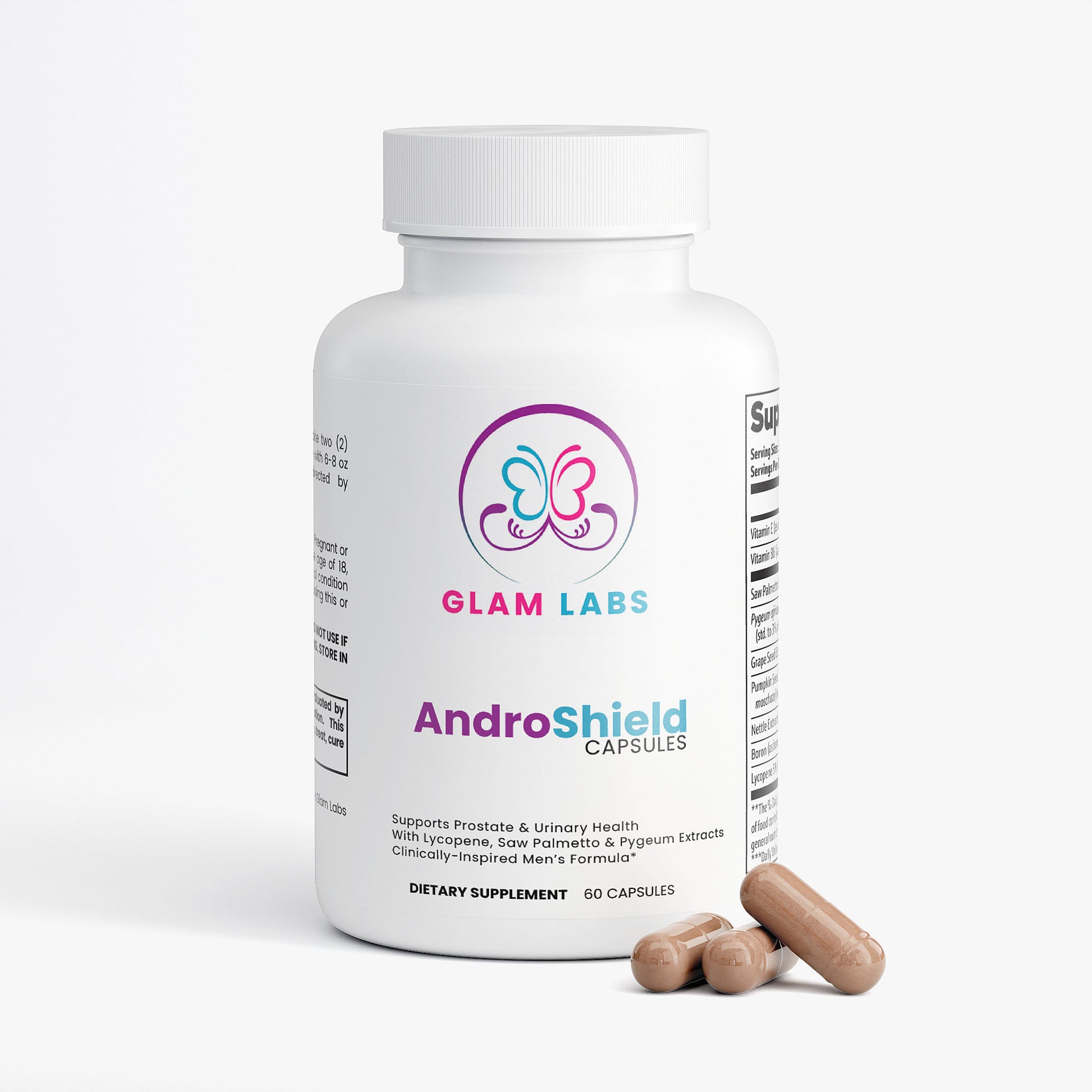 GlamLabs AndroShield Capsules bottle with brown capsules supports prostate health and urinary health in men