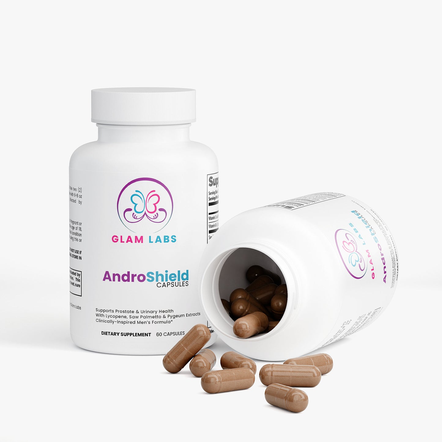 GlamLabs AndroShield capsules bottle with brown capsules spilled and AndroShield - Supports Prostate Health & Urinary Health in Men