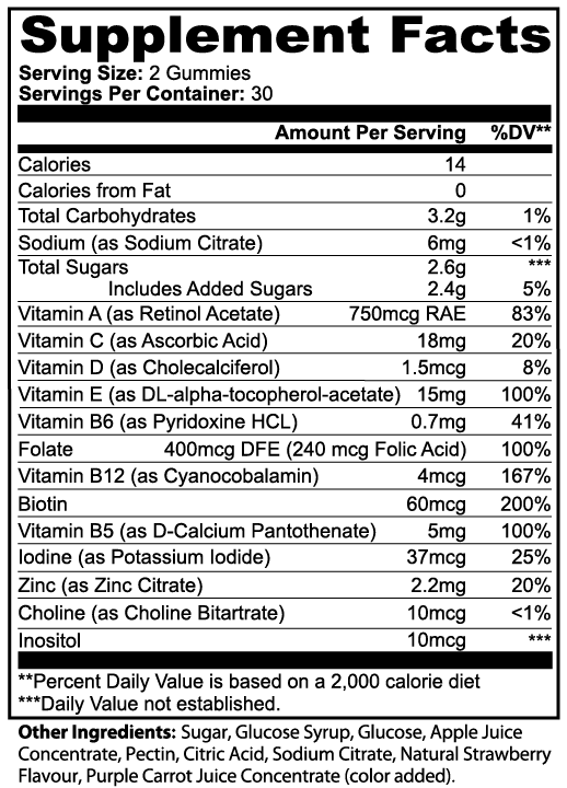 Supplement facts label for GlamLabs multi vitamin gummies with detailed vitamin and mineral content per serving